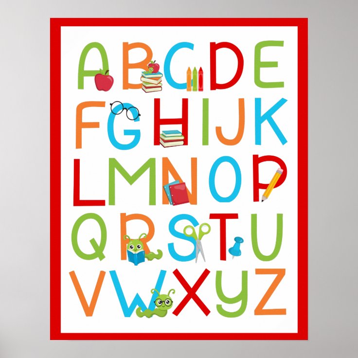 School Bookworm Alphabet A To Z On Bright Red Poster Zazzle 4526