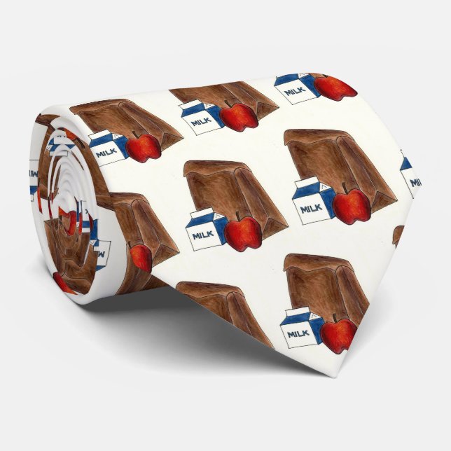 School Brown Bag Lunch Milk Carton Apple Teacher Neck Tie (Rolled)
