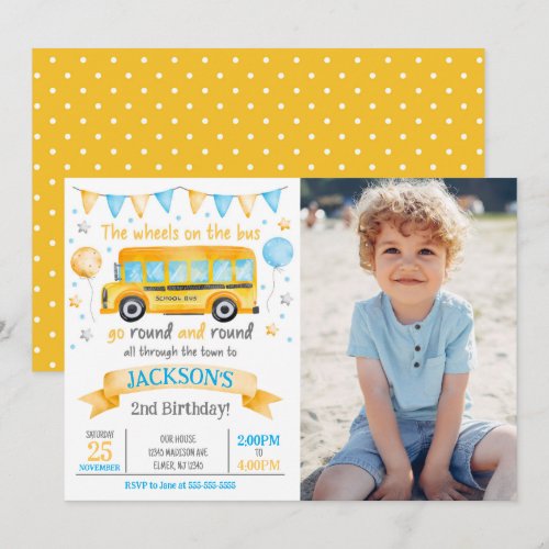 School Bus 2nd Birthday Photo Invitation