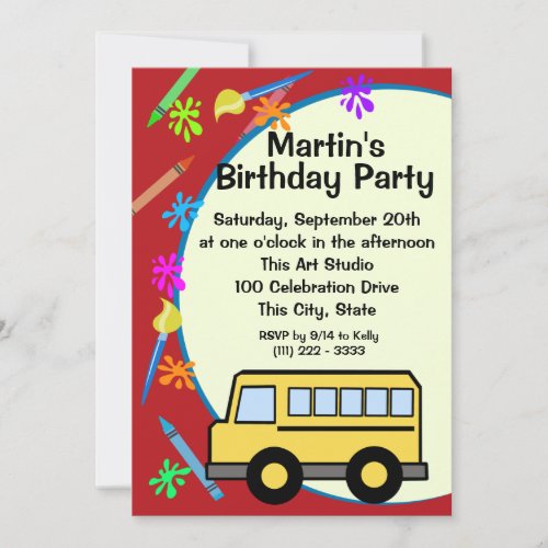 School Bus Art Birthday Invites