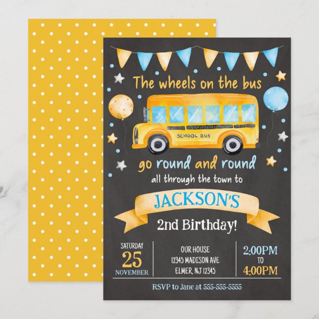 School Bus Birthday Invitation / Wheels on the Bus (Front/Back)