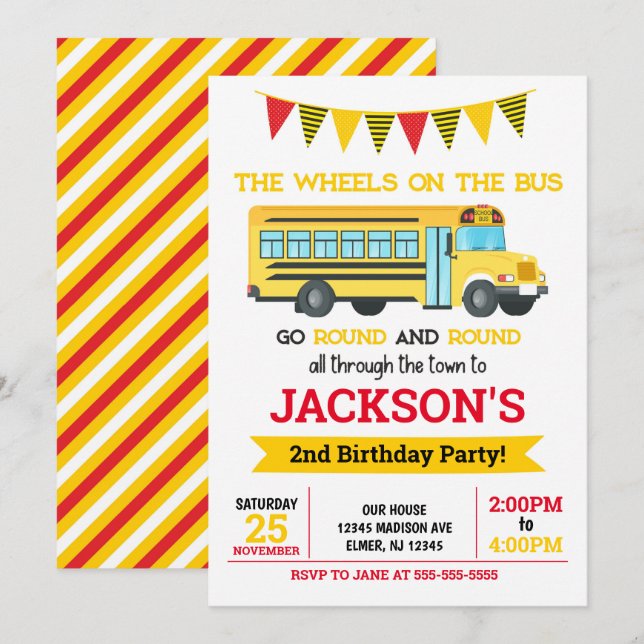 School Bus Birthday Invitation / Wheels on the Bus (Front/Back)