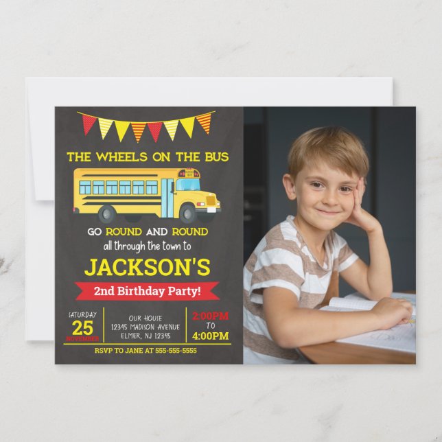 School Bus Birthday Photo Invitation (Front)