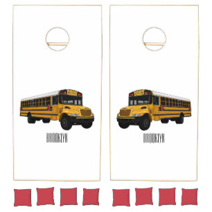 School bus cartoon illustration   cornhole set
