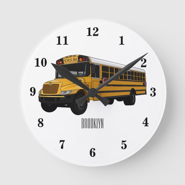 School bus cartoon illustration round clock (Front)
