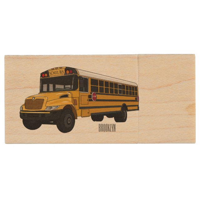 School bus cartoon illustration  wood flash drive (Front)