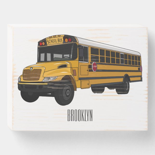 School bus cartoon illustration wooden box sign (Front Horizontal)