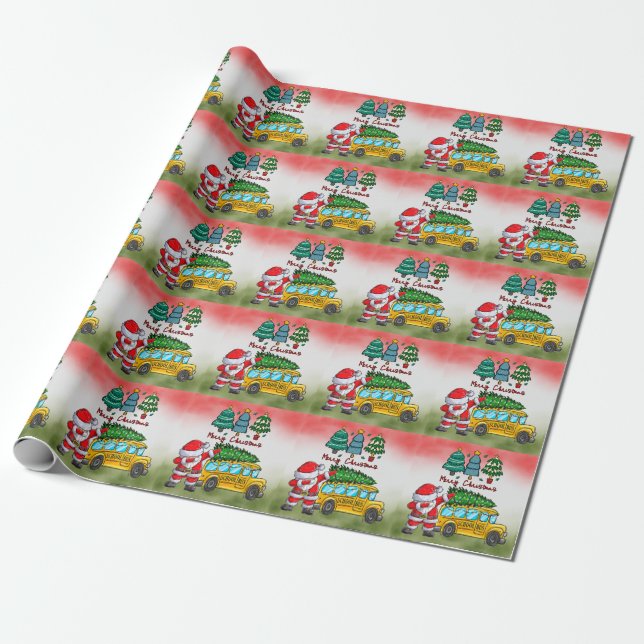 School Bus Christmas for Driver with Santa Claus Wrapping Paper (Unrolled)