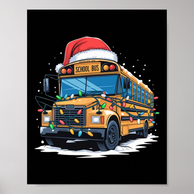 School Bus Christmas Tree Cute Santa Hat Lights Xm Poster (Front)