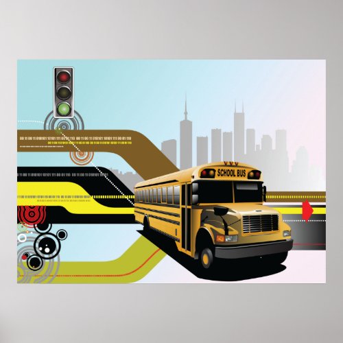 School Bus City Scene Poster