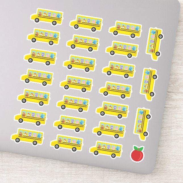 School Bus Cute Animals Cartoon 24 Buses + Apple Sticker (Detail)