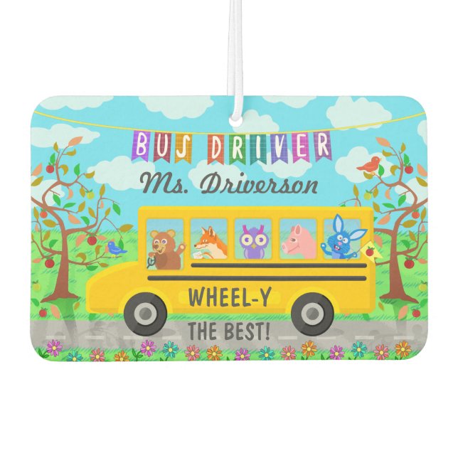 School Bus Driver Cute Animals | Personalized Name Air Freshener (Front)