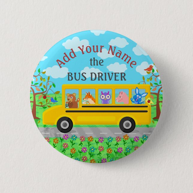 School Bus Driver Cute Animals | Personalized Name Button (Front)
