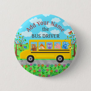 School Bus Driver Cute Animals Personalized Name Button