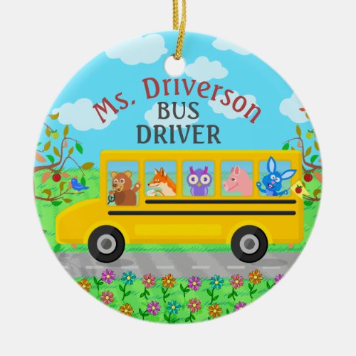 School Bus Driver Cute Animals  Personalized Name Ceramic Ornament