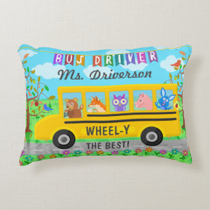 School Bus Driver Cute Animals   Personalized Name Decorative Pillow
