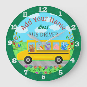 School Bus Driver Cute Animals   Personalized Name Large Clock