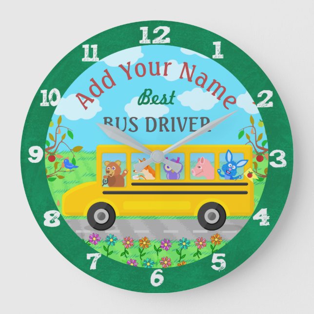 School Bus Driver Cute Animals | Personalized Name Large Clock (Front)