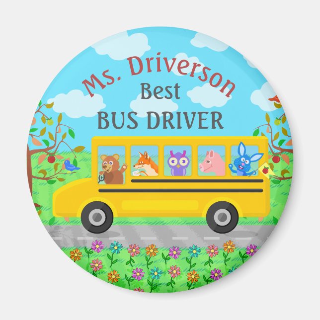 School Bus Driver Cute Animals | Personalized Name Magnet (Front)