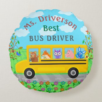 School Bus Driver Cute Animals | Personalized Name Round Pillow by HaHaHolidays at Zazzle