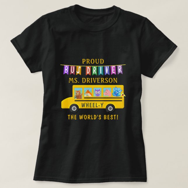 School Bus Driver Cute Animals | Personalized Name T-Shirt (Design Front)