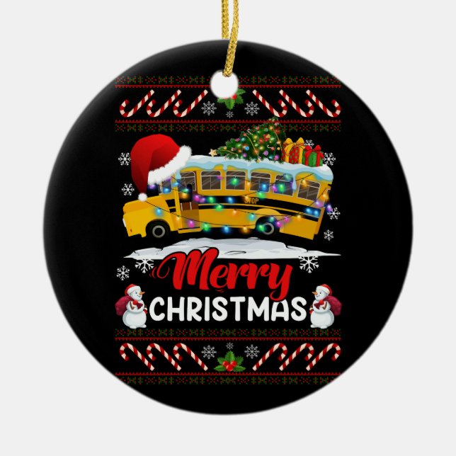 School Bus Driver Merry Christmas Lights Xmas Ugly Ceramic Ornament (Front)