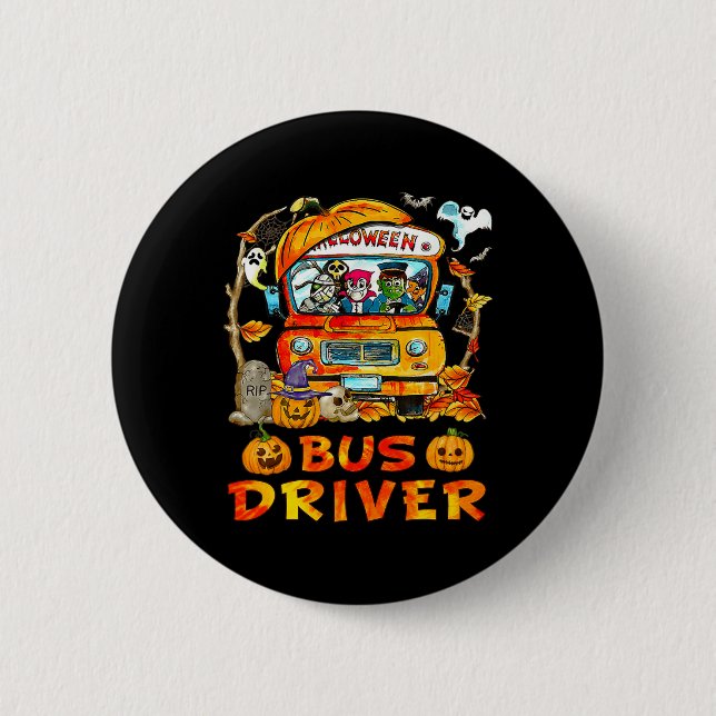 School Bus Driver Pumpkin Season Skeleton Fall Hal Button (Front)