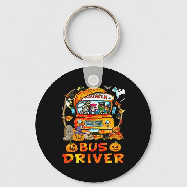 School Bus Driver Pumpkin Season Skeleton Fall Hal Keychain (Front)
