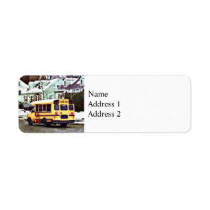 School Bus Driving Home in Winter Label