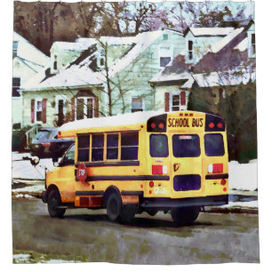 School Bus Driving Home in Winter Shower Curtain