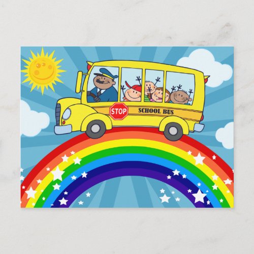 School Bus Driving on a Rainbow Postcard
