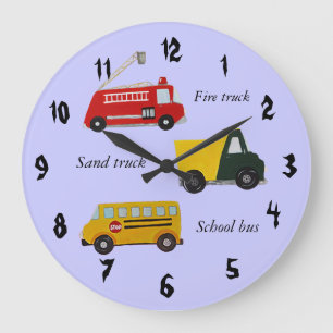 School bus, fire truck and sand truck large clock