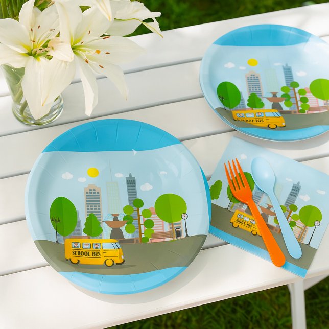 School Bus In The City Paper Plates (Creator Uploaded)
