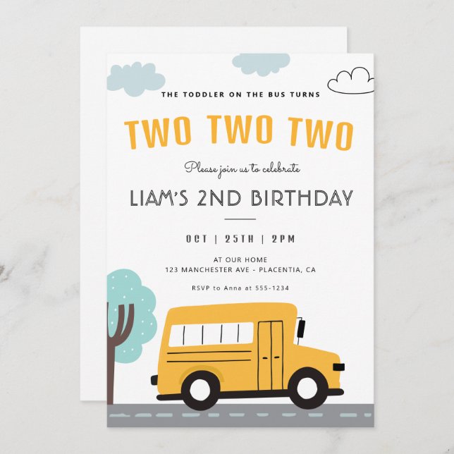 School Bus Second birthday Wheels on the Bus Party Invitation (Front/Back)