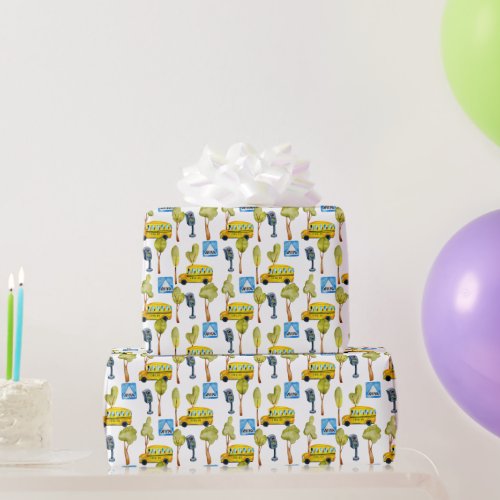 School Bus Traffic Lights and Cross Walks Wrapping Paper