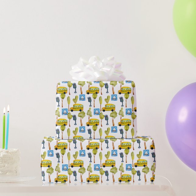 School Bus Traffic Lights and Cross Walks Wrapping Paper (Party Gifts)