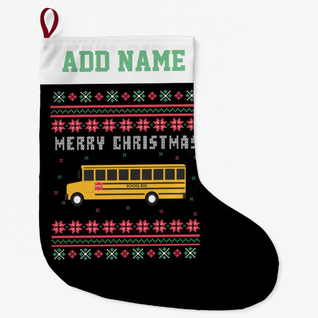 School Bus Ugly Christmas Sweater Large Christmas Stocking (Front)