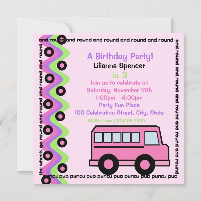 School Bus Wheels/ Pink Invitation (Front)