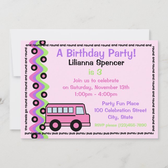 School Bus Wheels Pink Invitation (Front)