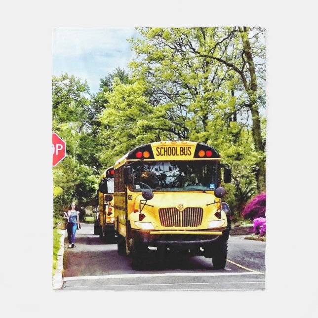 School Buses At Stop Sign In Spring Fleece Blanket (Front)