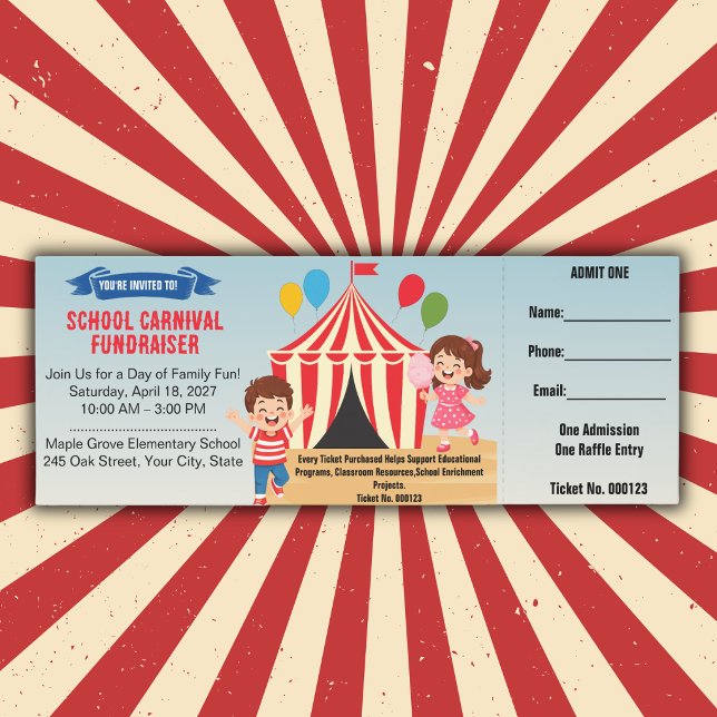 School Carnival Fundraiser PTA Event Raffle Tickets (fundraiser school carnaval festival family fun games prizes, food, activities student holiday kids)