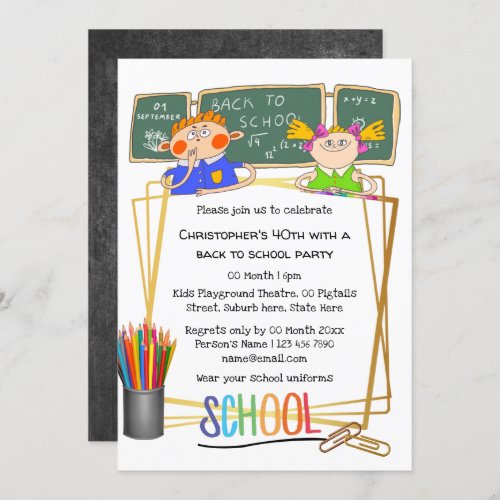 School classroom blackboard cartoon kids colorful invitation