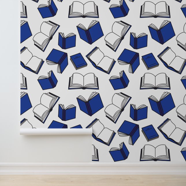 School Classroom Blue Books Pattern Wallpaper (Application)
