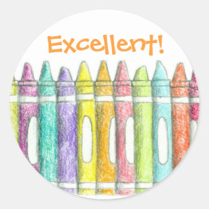 School Color Crayons Excellent Work Motivational Classic Round Sticker