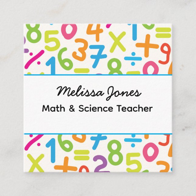School Colorful Numbers Math Teacher  Square Business Card (Front)