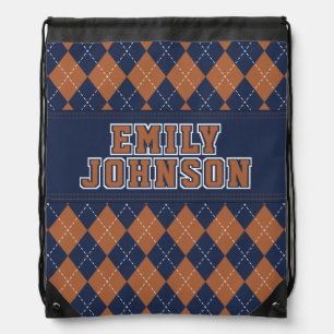 School Colors Argyle Pattern Blue Brown Name  Drawstring Bag