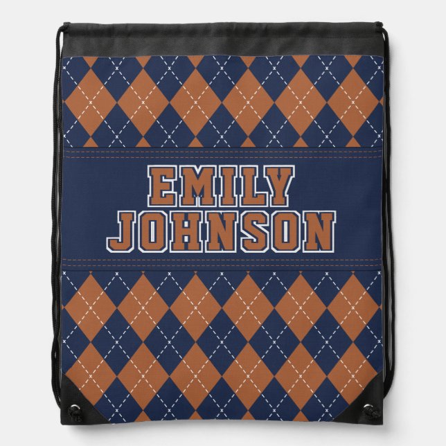 School Colors Argyle Pattern Blue Brown Name  Drawstring Bag (Front)