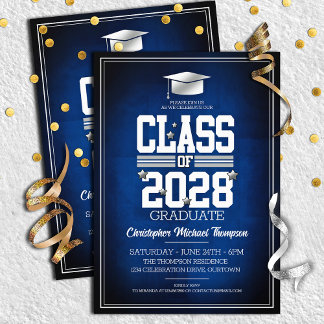 School Colors Blue | Silver Graduation Party Invitation