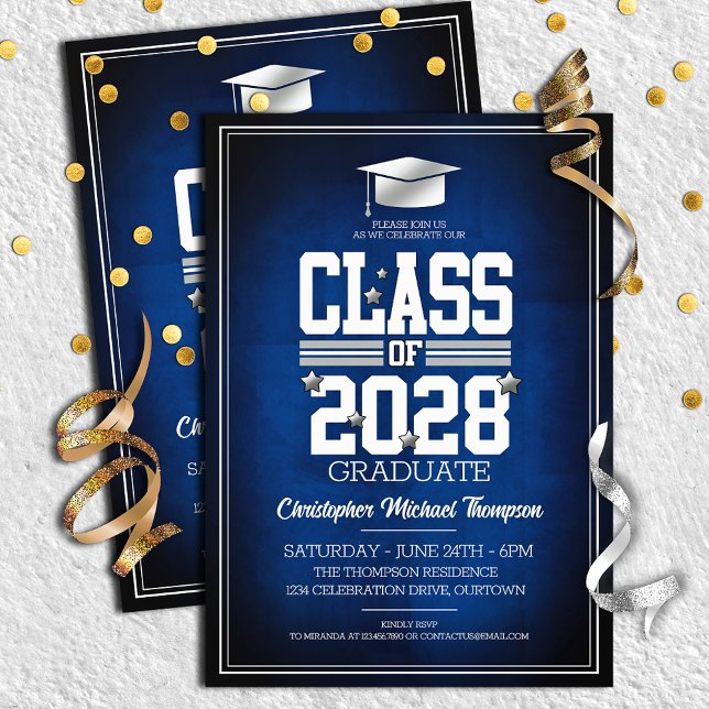 School Colors Blue | Silver Graduation Party  Invitation (Creator Uploaded)