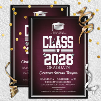 School Colors Burgundy | Silver Graduation Party  Invitation